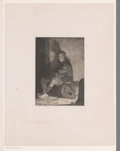 Youth with violin on lap and bow broken on the ground