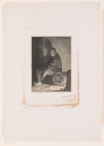 Youth with violin on lap and bow broken on the ground