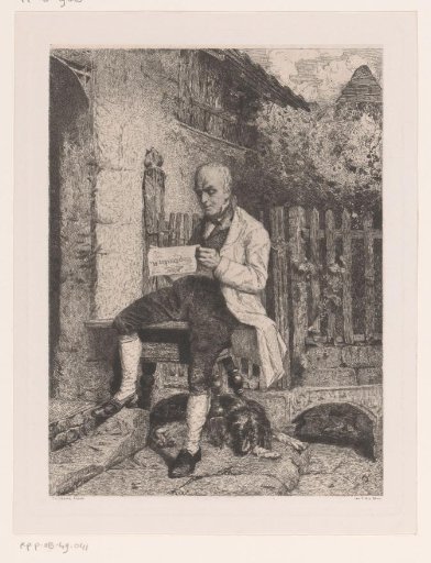 Man Seated in Front of His Door, Reading the Newspaper