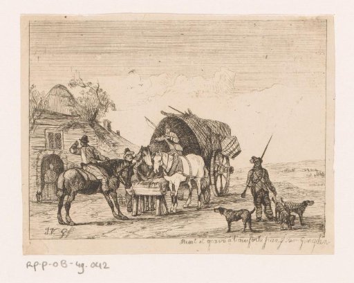 Horses at a trough with wagon, riders and hunter with dogs