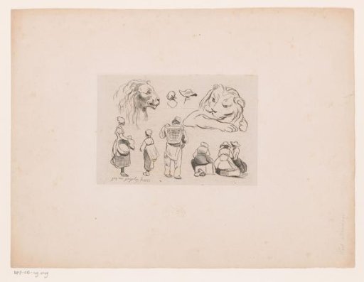 Study of figures and two lion heads