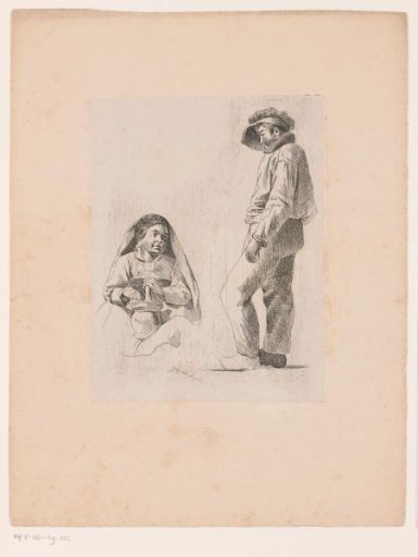 Standing boy with cap and a seated girl with a basket on her lap