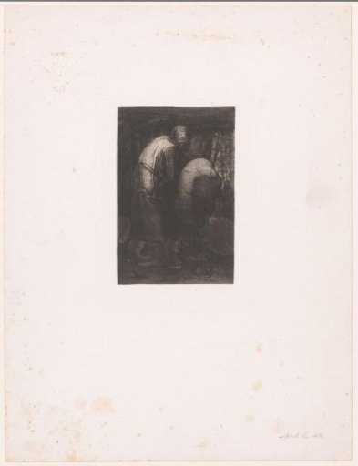 Medieval soldier with a sickle spying on a passing lady from behind a rock