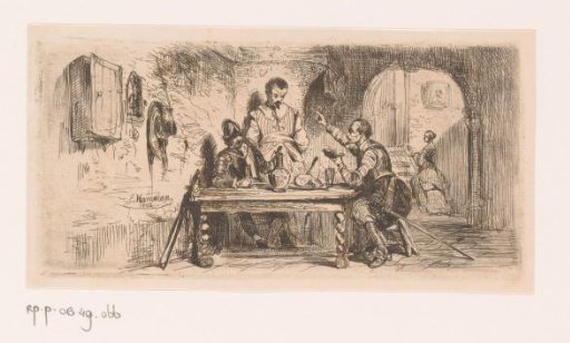 Three soldiers at a table in a courtyard, one of them reading from a book