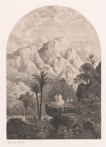 Mountain landscape with resting figures on a rock