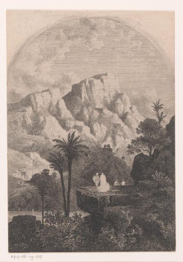 Mountain landscape with resting figures on a rock