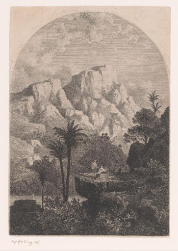 Mountain landscape with resting figures on a rock
