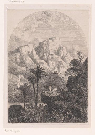 Mountain landscape with resting figures on a rock
