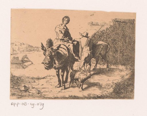 Woman seated on a donkey and a man standing by an ox