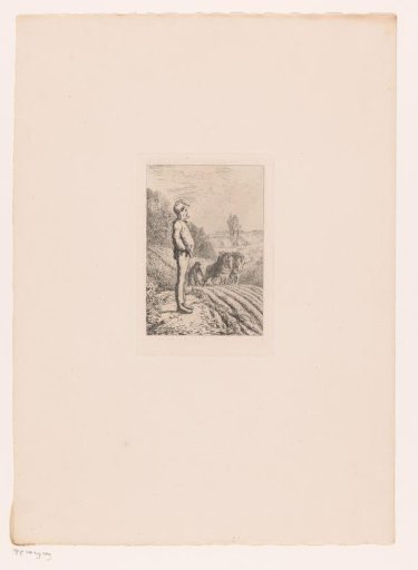 Man with pipe watching a field being ploughed with a plough drawn by two horses