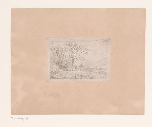 Landscape with a small building among bare trees