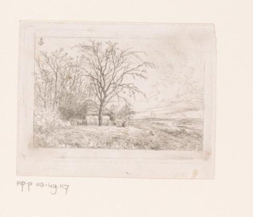 Landscape with a small building among bare trees