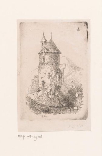 Ruined tower in a mountainous landscape