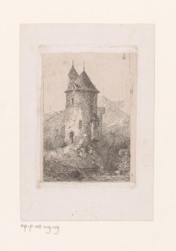 Ruined tower in a mountainous landscape