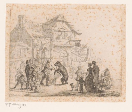 Dancing Bear with Handler in front of an Inn, with a Monkey in the Foreground