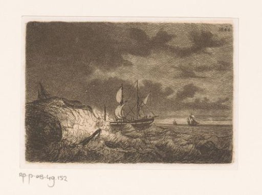 Sailing ship wrecked against the coast