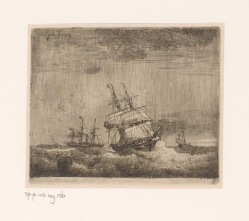 Sailing ships and a paddle steamer at sea