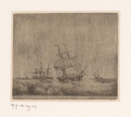 Sailing ships and a paddle steamer at sea