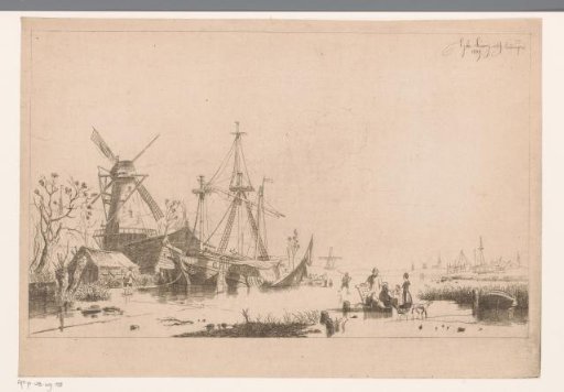 Boats moored by a mill along a frozen canal in the Netherlands, next to a tent on the ice