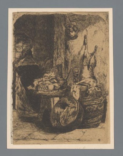Kitchen scene with a still life of hare, fruit, jug and glass