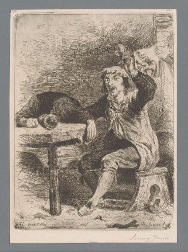 Two men in an inn, one raising his glass, the other fallen asleep on the table