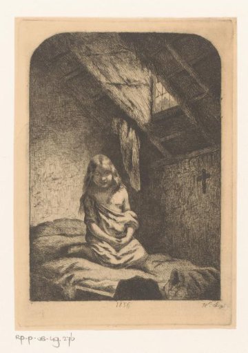 Girl on a bed in an attic room