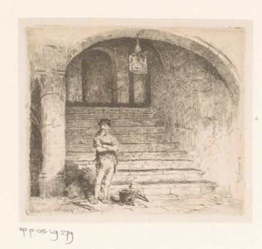 Man standing next to a cauldron by a staircase