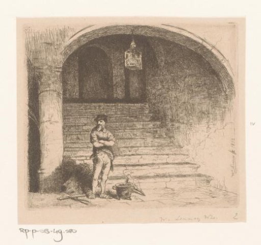 Man standing next to a cauldron by a staircase