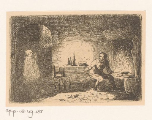 Ghostly apparition to a man cooking over a fireplace