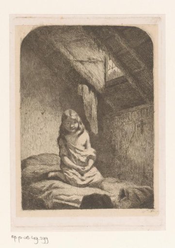 Girl on a bed in an attic room