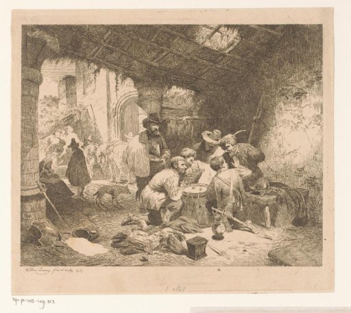 Soldiers playing dice in a barn