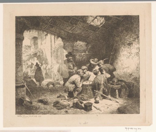Soldiers playing dice in a barn