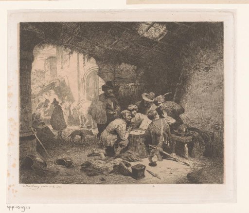Soldiers playing dice in a barn