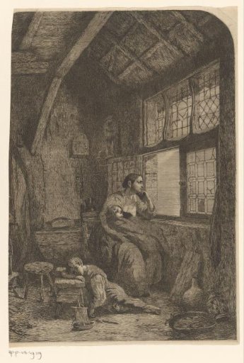 Woman with two sleeping children waiting by an open window
