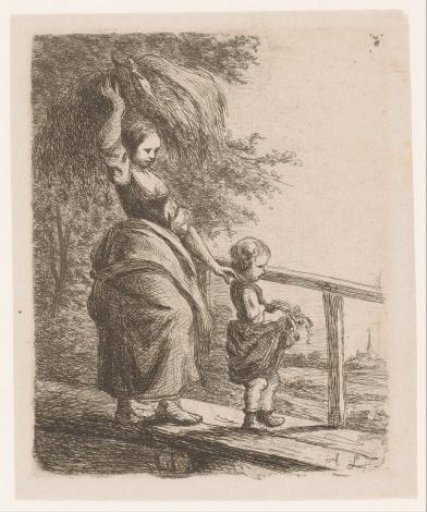 Woman carrying hay on her head and leading a child across a wooden bridge