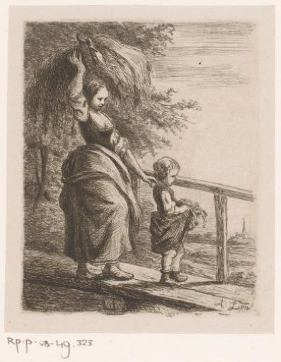 Woman carrying hay on her head and leading a child across a wooden bridge