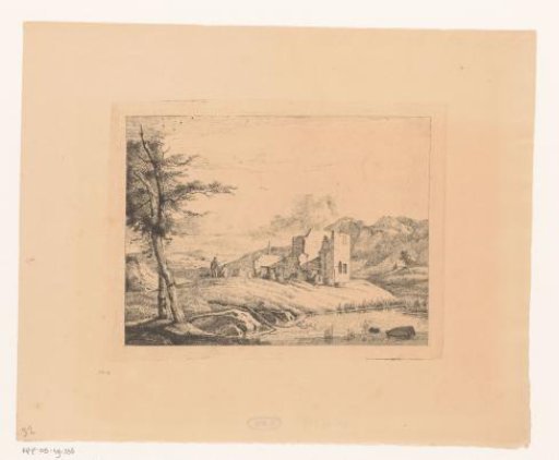 Landscape with two walkers at a ruin