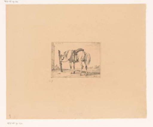 Saddled horse tied to a post