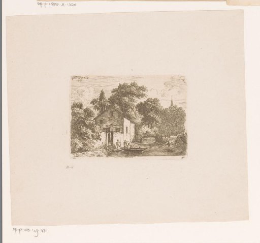 Three figures by a rowboat in front of a building