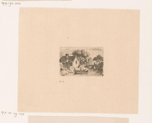 Landscape with two persons in a rowboat near a dwelling