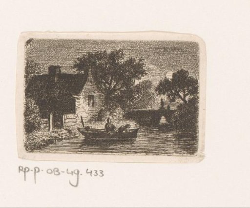 Landscape with two persons in a rowboat near a dwelling