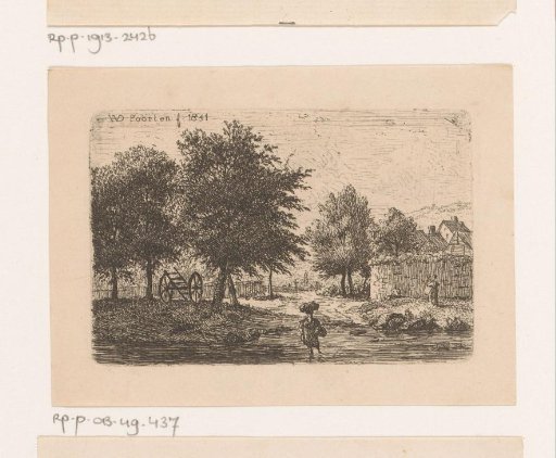 Woman with a basket on her head in a ford