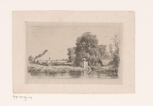 View of a waterfront with a gate in front of a row of trees