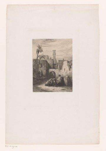 View of a group of people with a camel before a city gate in Cairo