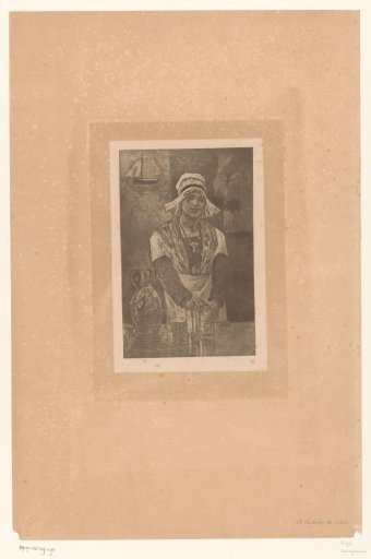 Woman in an interior with a jug and a glass
