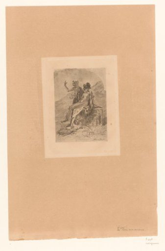 Naked young woman and partially naked older woman by a cage with putti and a young faun