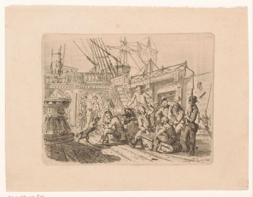 Crew playing dice on the deck of a ship
