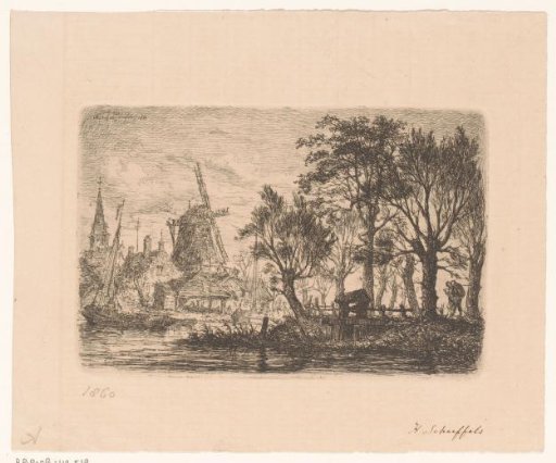 View of a village with mill on the water