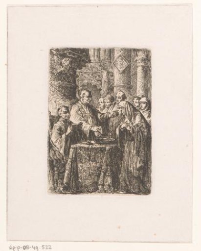 Church interior with clergy around a table with a relic