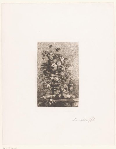 Still life with a flower vase and a bowl of fruit